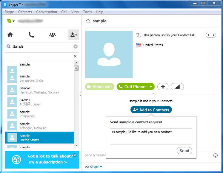 how to send contact request on skype