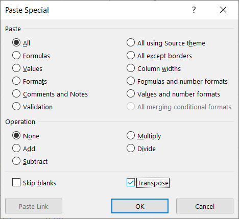 Microsoft Excel - Paste Special dialog