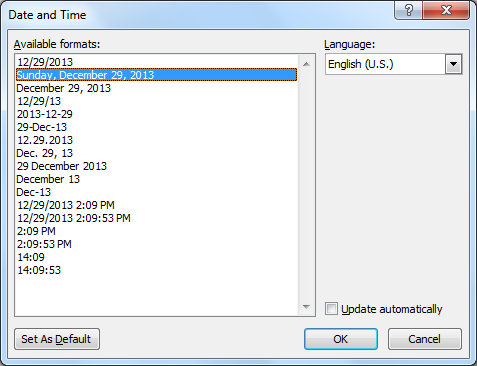 Microsoft Word - Date and Time dialog