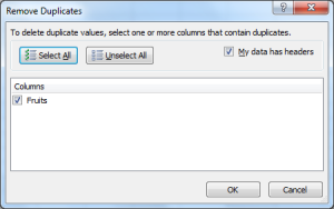 Excel - Remove Duplicates dialog