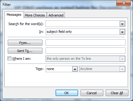 Microsoft Outlook - Import and Export Wizard - Filter dialog