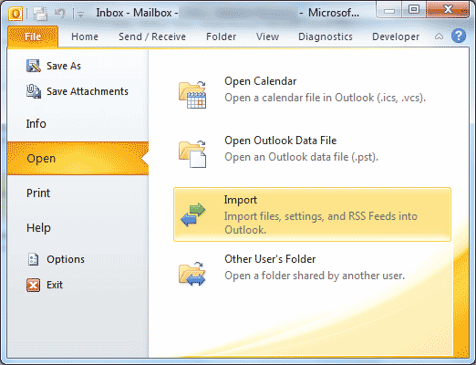 Microsoft Outlook - Import option