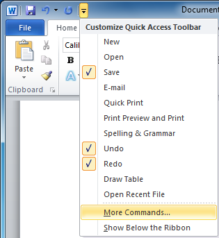 Microsoft Office - Customize Quick Access Toolbar menu
