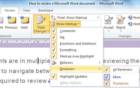 Microsoft Word - Review - Tracking - Show Markup menu