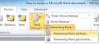 Microsoft Word - Reviewing Pane pull-down menu