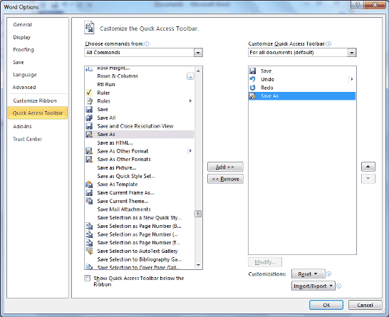 Microsoft Word - Word Options - Add selected command