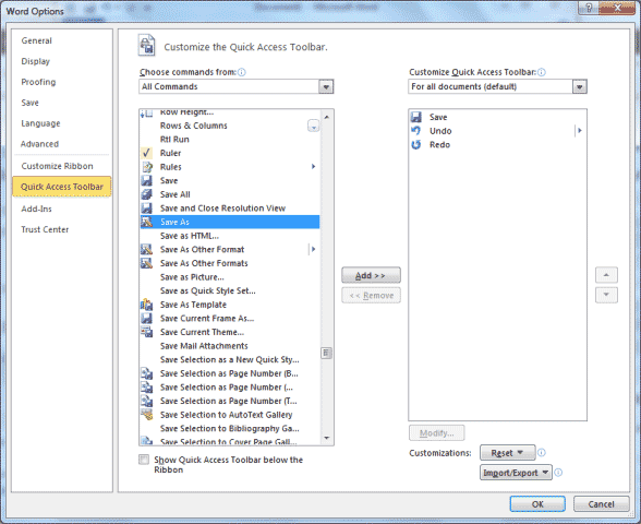Microsoft Word - Word Options window