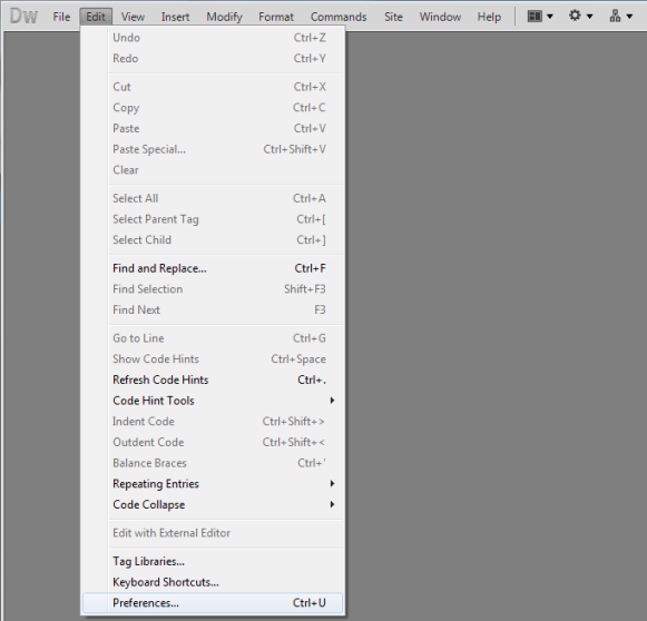 Adobe Dreamweaver - Edit menu
