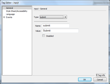 Adobe Dreamweaver - Input tag editor