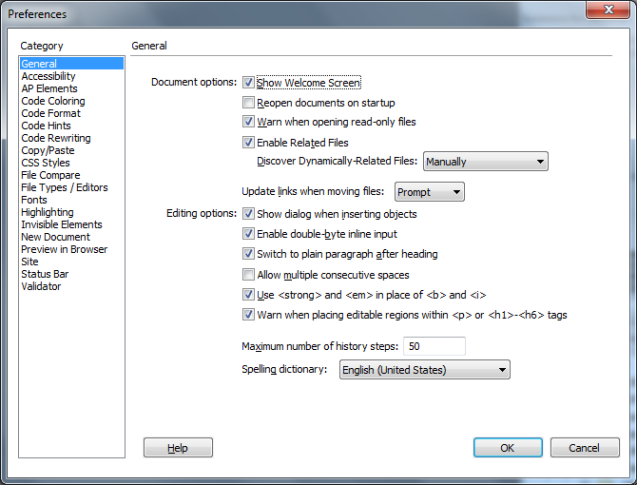 Adobe Dreamweaver - Preferences dialog
