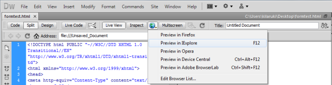 Adobe Dreamweaver - Preview in Internet Explorer