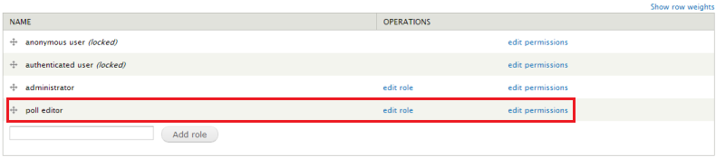 Drupal - People - Roles page with added new role