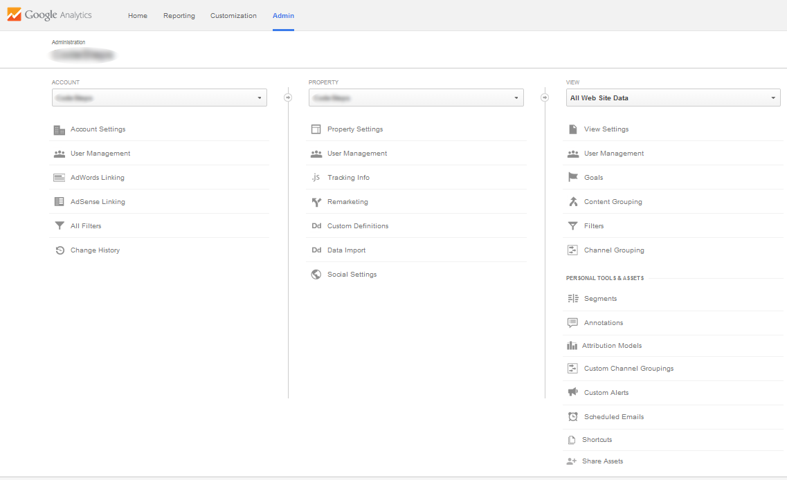 Google Analytics - Admin page