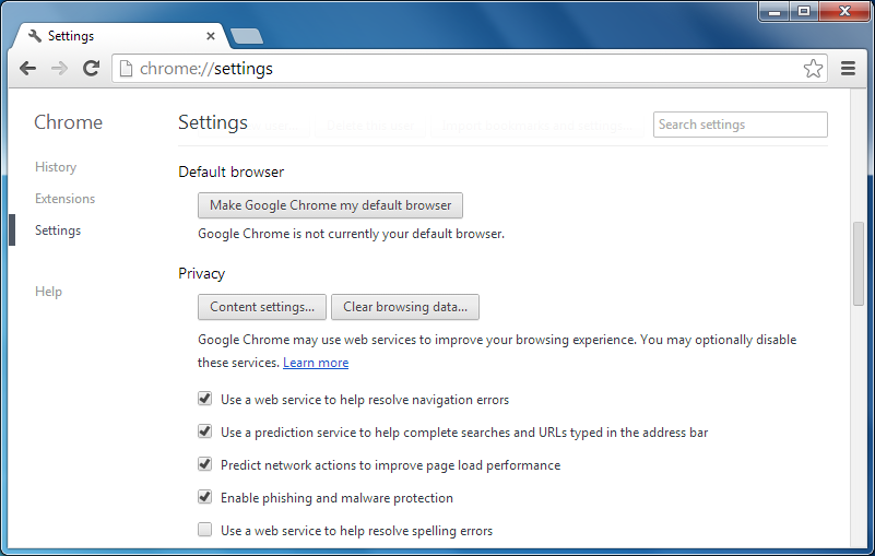 Google Chrome - Advanced settings