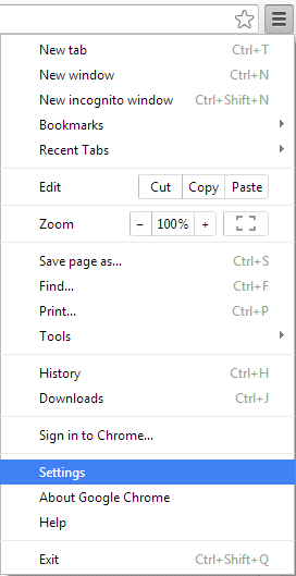 Google Chrome - Settings menu