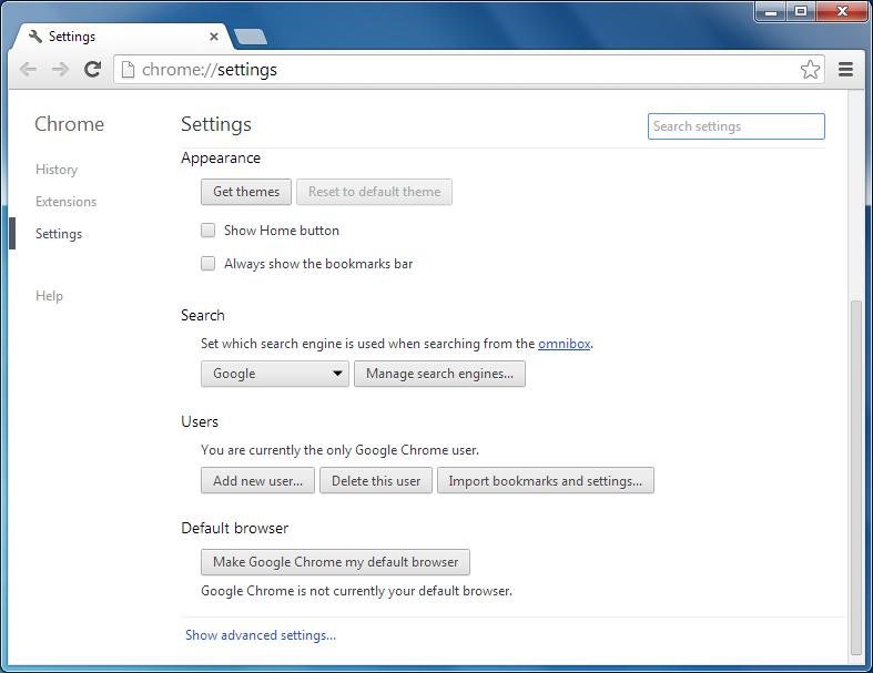 Google Chrome - Settings page