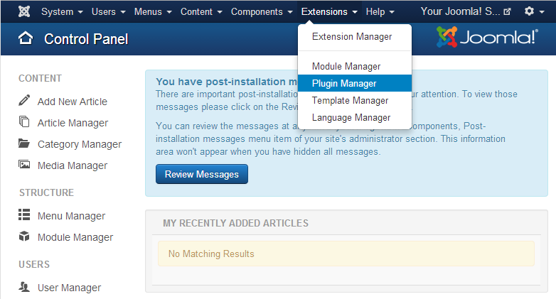 Joomla - Extensions - Plugin Manager menu item