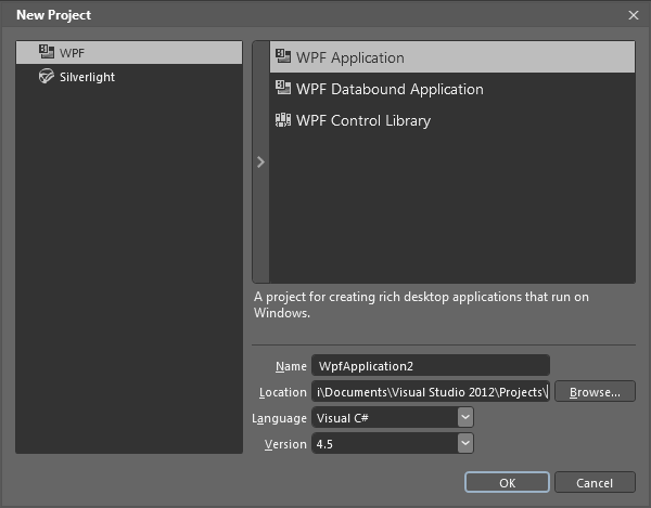 Microsoft Blend for Visual Studio - New Project dialog