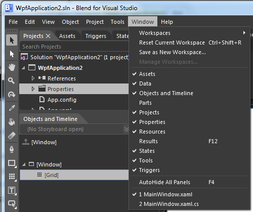 Microsoft Blend for Visual Studio - Window menu