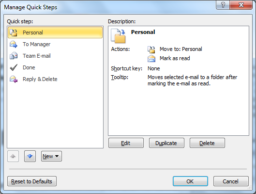 Microsoft Outlook - "Manage Quick Steps" dialog