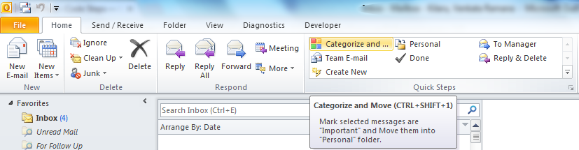 Microsoft Outlook - "Quick Steps" group with new item
