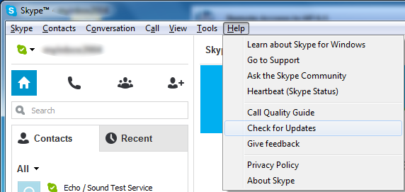 Skype - Check for Updates menu