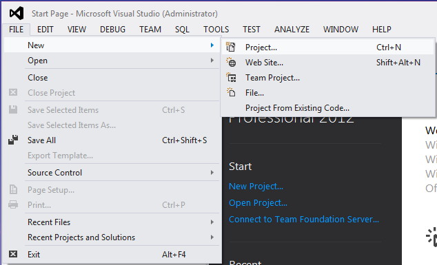 Visual Studio - File - New menu