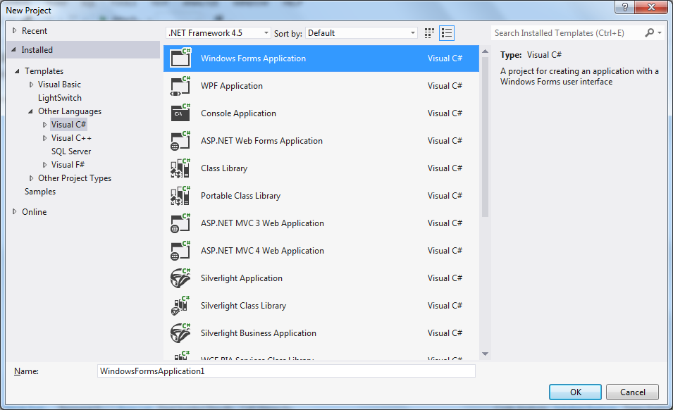Visual Studio - "New Project" dialog