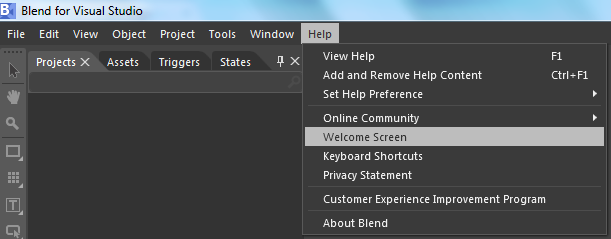 Microsoft Blend for Visual Studio - Help menu