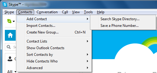 Skype - "Add Contact" menu