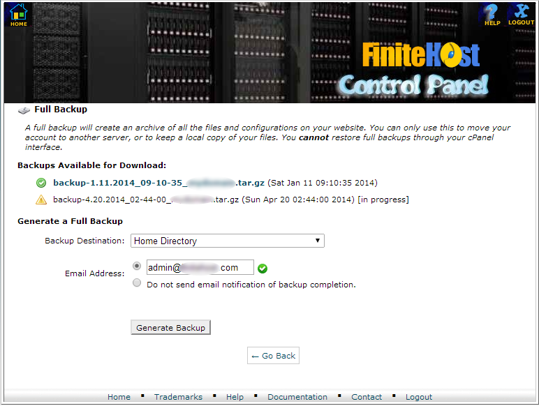 cPanel - Full Backup page - with available backups