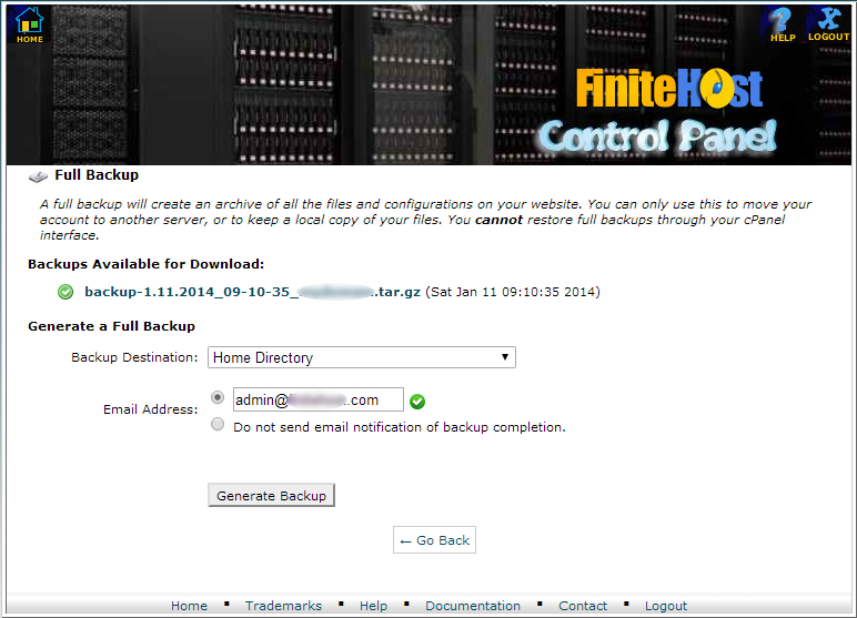 cPanel - "Full backup" page