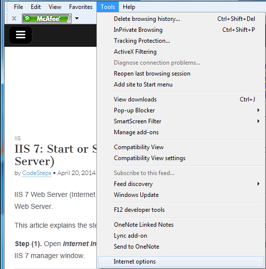 Internet Explorer - Tools menu
