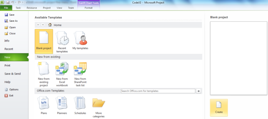 Microsoft Project - File - New menu