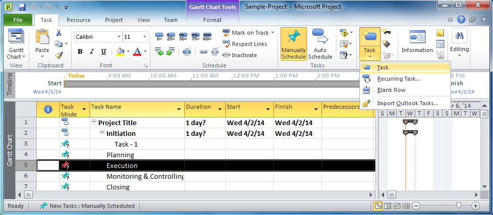 Microsoft Project - Insert New Task