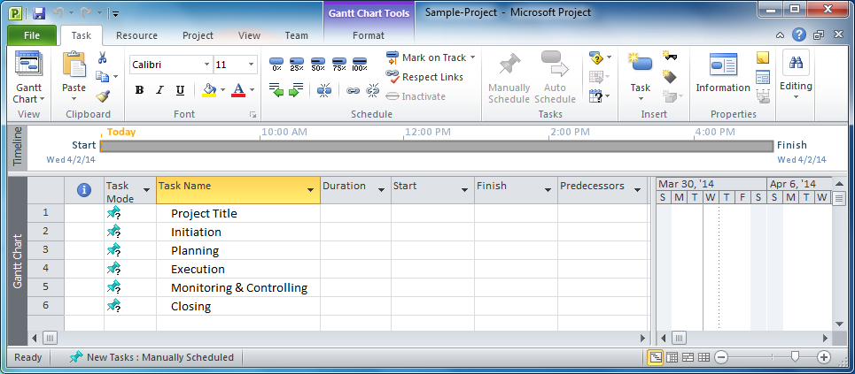 Microsoft Project - Task pane - with phases entered