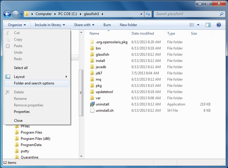 Windows Explorer - "Folder search options" menu