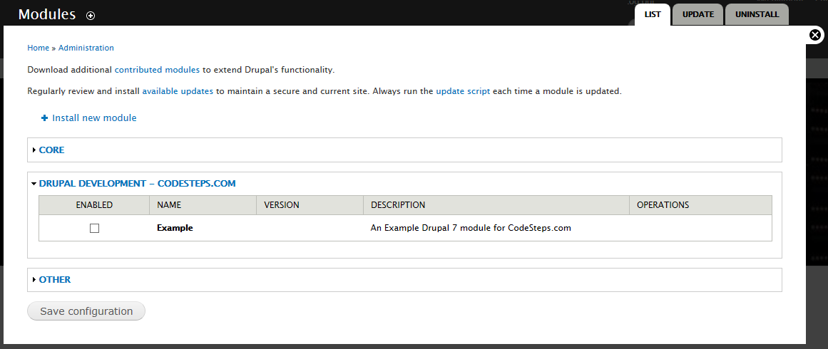 Drupal 7 - Modules page with Example module information