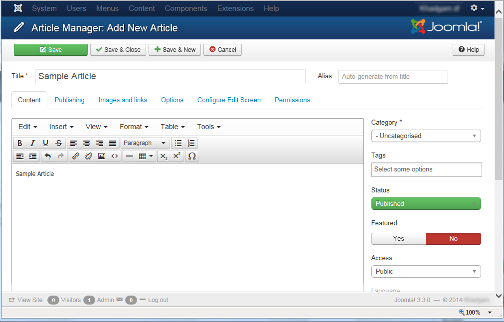 Joomla 3 - "Article Manager: Add New Article" page