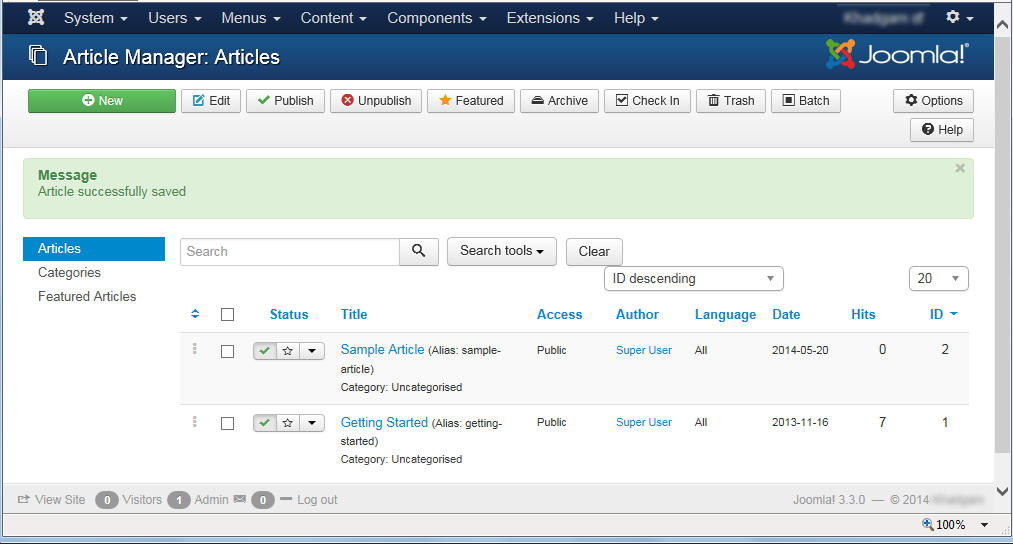 Joomla 3 - "Article Manager: Articles" page