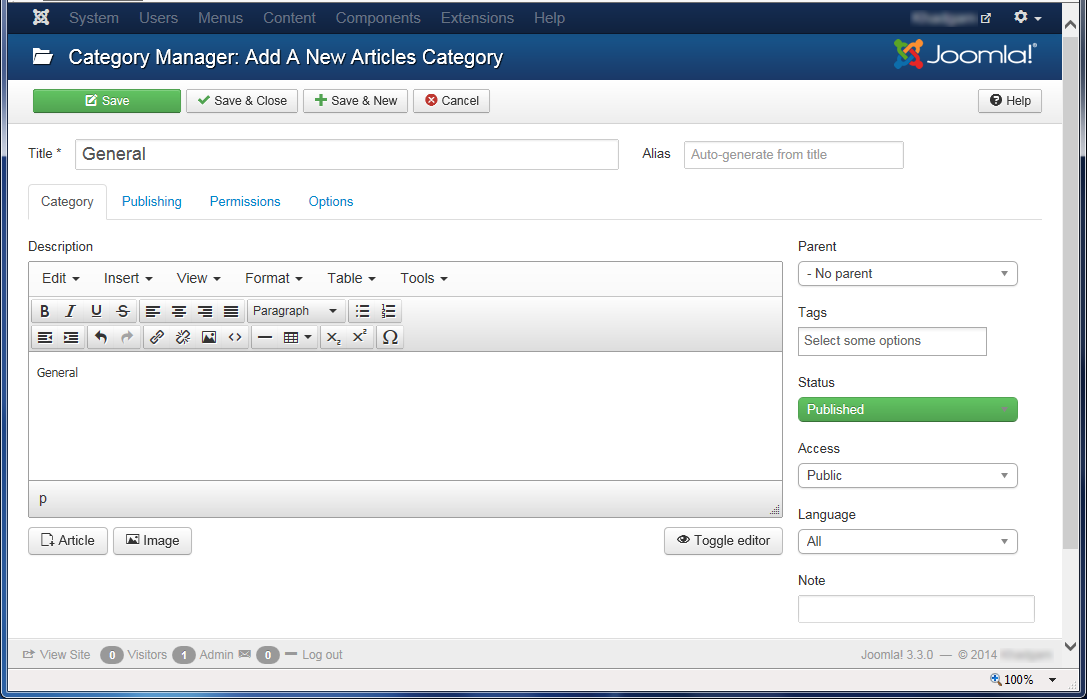 Joomla 3 - "Category Manager: Add A New Articles Category" page
