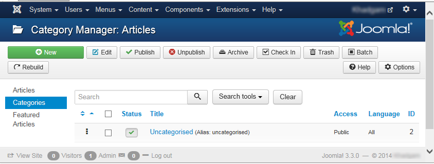Joomla 3 - "Category Manager: Articles" page