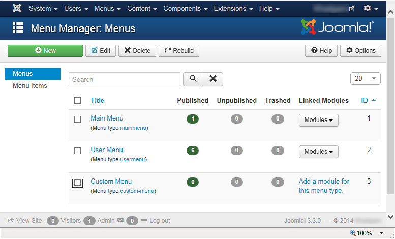 Joomla 3 - "Menu Manager: Menus" page with "Custom Menu"