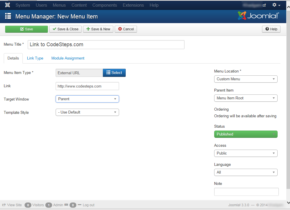 Joomla 3 - "Menu Manager: New Menu Item" page