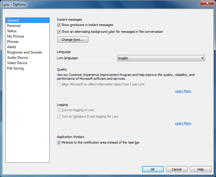 Microsoft Lync - "Lync - Options" dialog - General tab