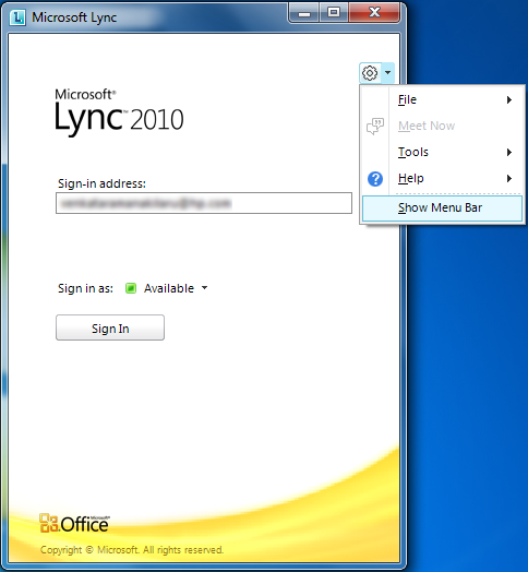 Microsoft Lync 2010 - Show Menu Bar