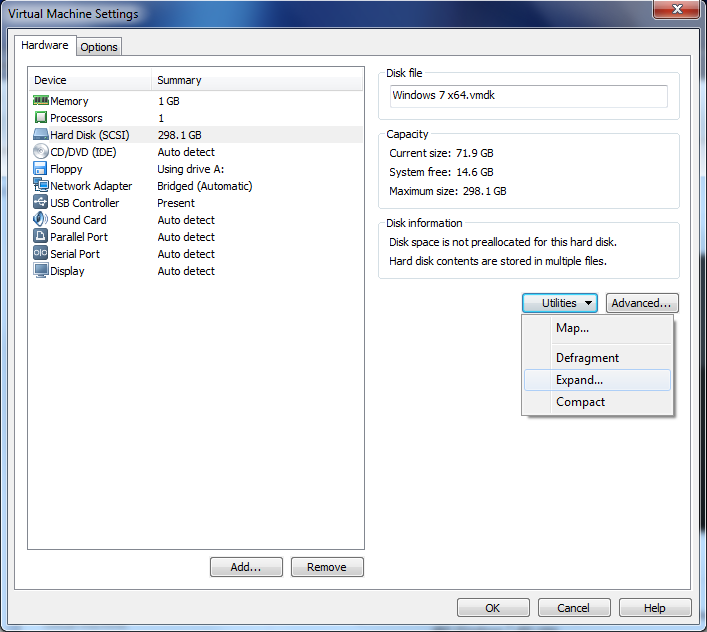 VMware "Virtual Machine Settings" - Utilities menu