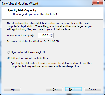 VMware Workstation 10 - "Specify Disk Capacity" window