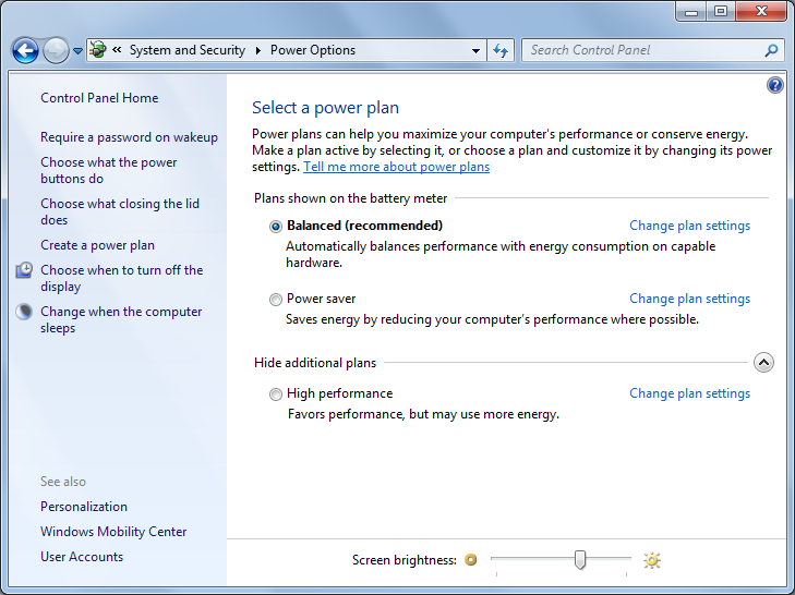 Windows 7 - "Power Options" window
