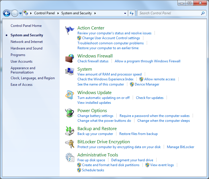 Windows 7 - "System and Security" window